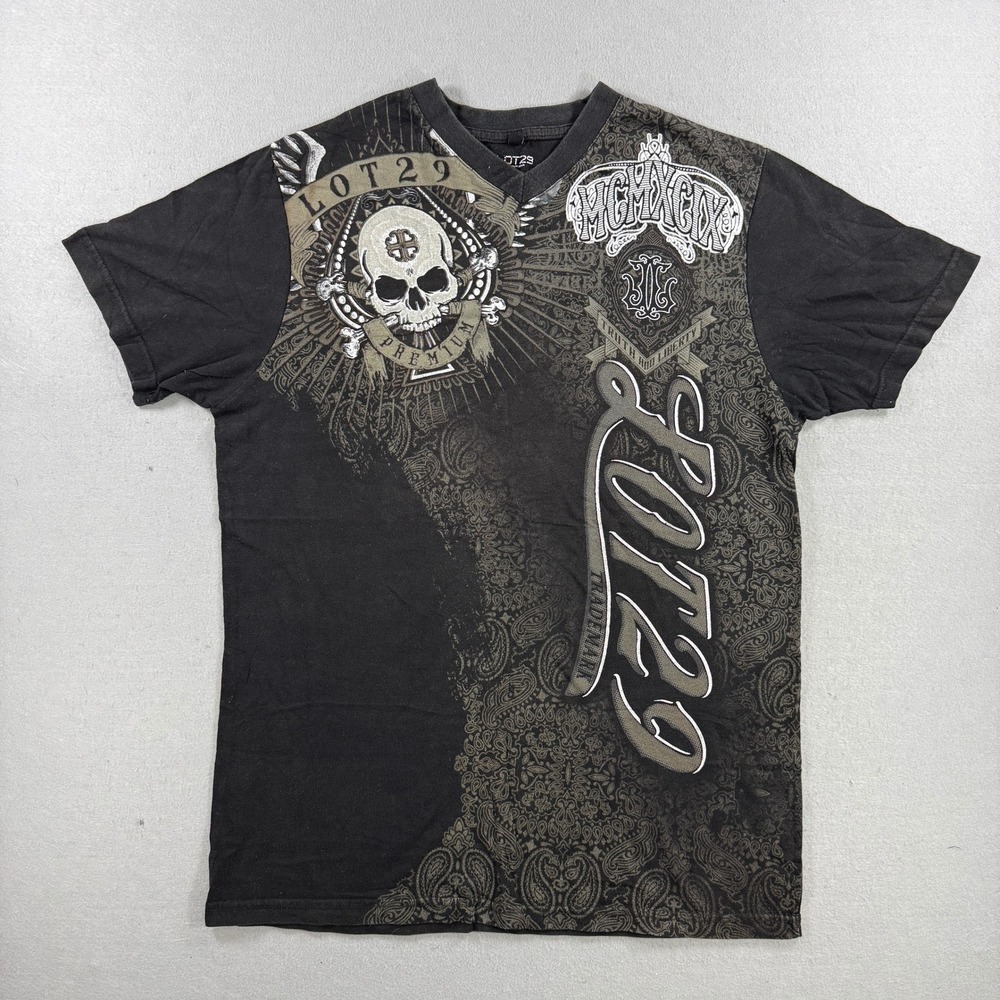 Lot29 T-Shirt Men Large Black AOP Skull Gothic Grunge Paisley Affliction Y2K